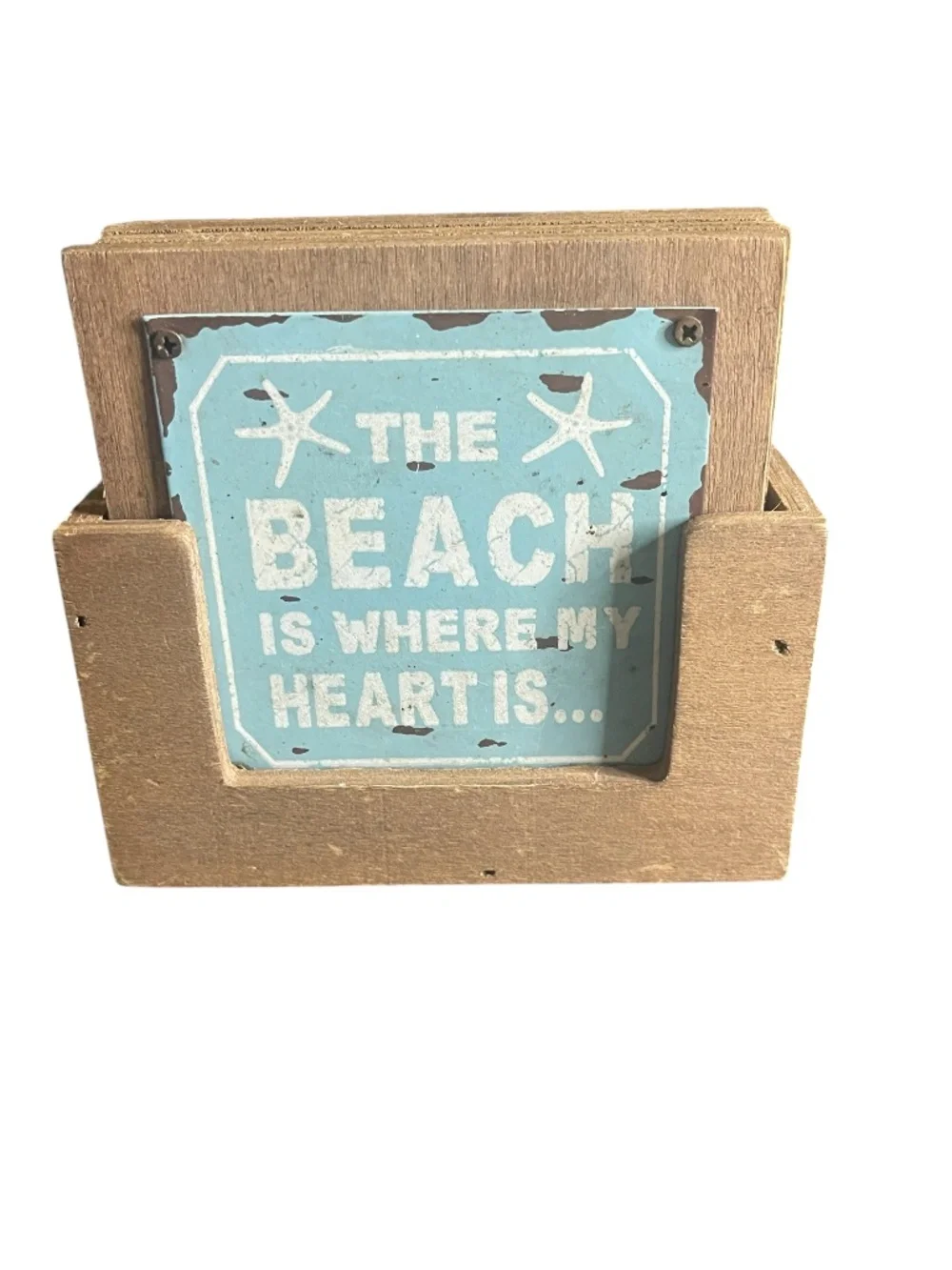 Beach Life Set of 4 Rustic Wood and Tin Coasters Sand Salt Sun Summer